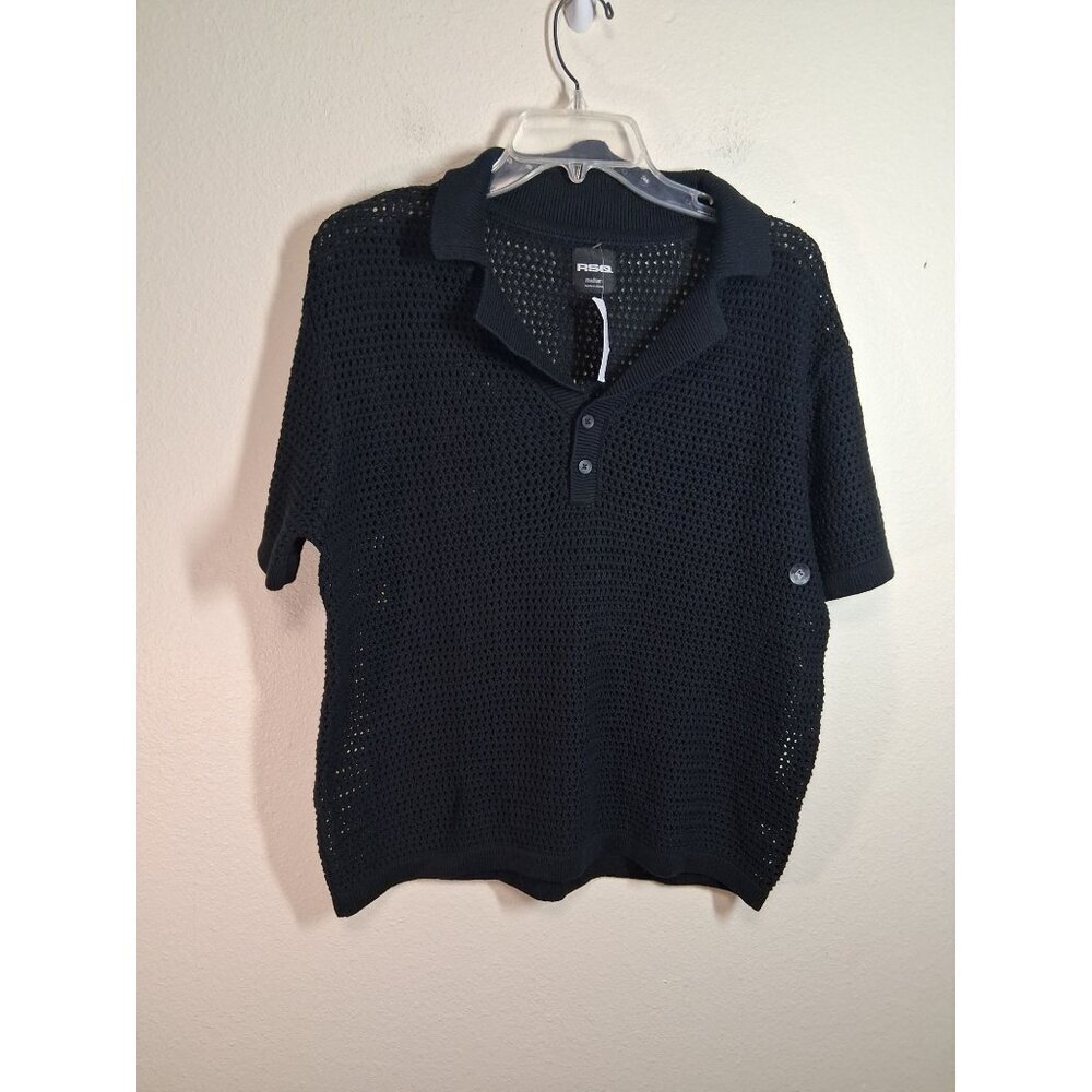 NWT RSQ Sweater Short Sleeve Open Knit Collared Black Men's Size Medium